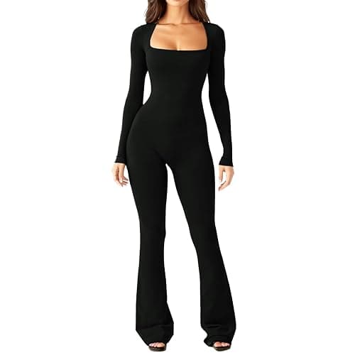 Long Sleeve Jumpsuits for Women Square Neck Wide Leg Full Length Romper Playsuit Flare Jumpsuits Black Small - Image 1
