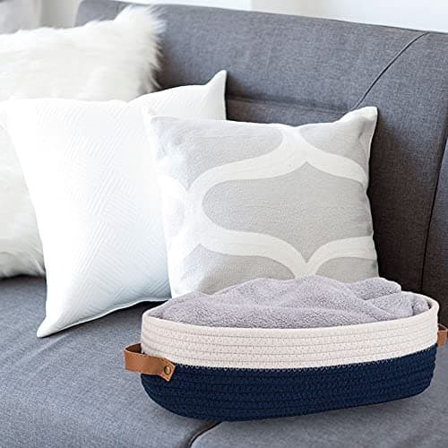 Oradrem Toilet Basket,Woven Storage Basket for Toilet Tank Top Farmhouse Home Decor Organizing Baskets 13"x5.9"x4" Navy Stitching White thumbnail 4