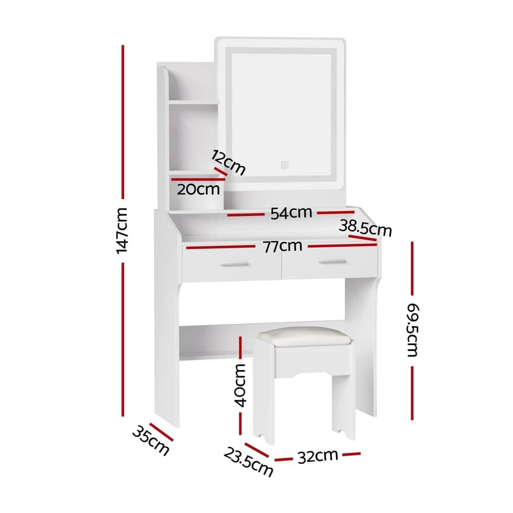 Artiss Dressing Table, LED Mirror Makeup Stool Set Wooden Vanity Desk Chair, Home Bedroom Furniture Girls Kids Women Organisers, Drawers Shelves Wide Tabletop White thumbnail 2