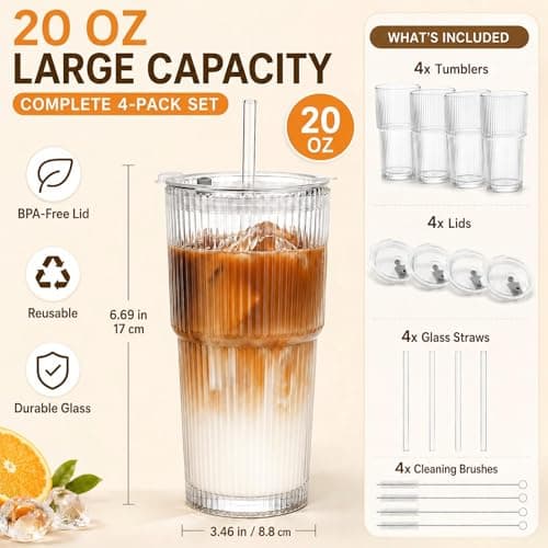 4 Pack 20oz Ribbed Glass Tumblers with Lids, Straws & Cleaning Brushes, Thickened High Borosilicate Reusable Iced Coffee Cups, Leak-Proof for Smoothies, Cocktails, Home & Office thumbnail 7