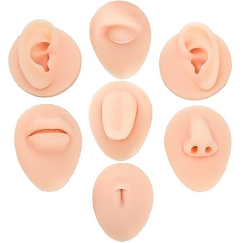 Acshio 7 Pack Silicone Piercing Model, Soft Silicone Flexible Model Body Parts Displays Set, 3D Simulation Body Pierce Tool Kit with Ear Eye Nose Mouth Tongue Navel for Novice Piercer - Image 1