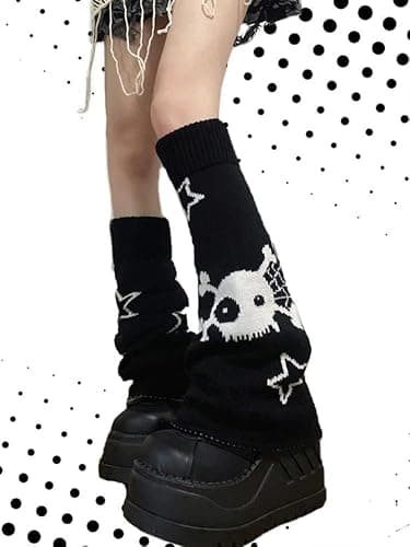 heyheyshine Y2k Star Skull Print Two Side Wear Knitted Leg Warmers Socks Punk Girls Japanese Kawaii Streetwear Leg Cover - Skull Star Flared - One Size thumbnail 4