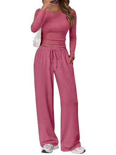 Trendy Queen Women's 2 Piece 2026 Fall Fashion Lounge Set with Pockets | Airport Outfit, Athleisure Workout Set, Fall Wardrobe Staple, Winter Style, Side-Ruched Top, Drawstring Wide-Leg Pants - Image 1