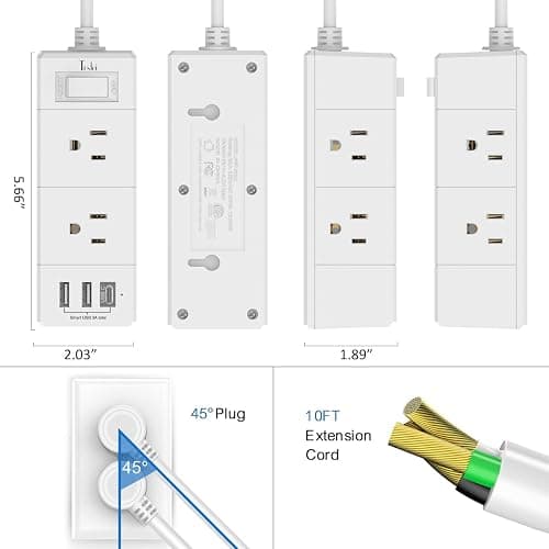 10Ft Extension Cord Flat Plug Power Strip - Tcstei 3-Side Outlet Extender with 6 AC Outlets and 3 USB Ports (1 USB C), Compact for Home, Office, Dorm Room Essentials, ETL, White - 10Ft/2U1C - White thumbnail 7