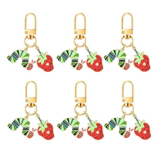WCRAZYE 6PCS Hungry Caterpillar Keychain Brooch Jewelry Set for Women Green Caterpillar Strawberry Apple Teacher Keychains - Image 1