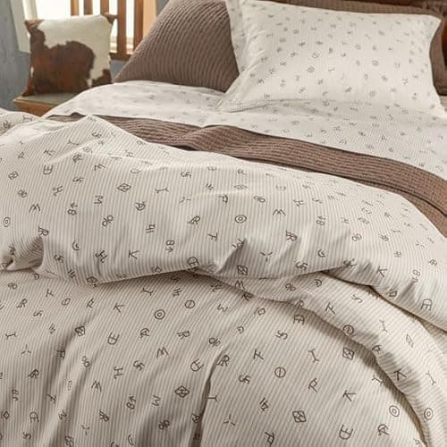 Rod's – Cattle Brands Ticking Stripe (Duvet Set) - Western – Beige and White - 3 Piece Queen Duvet Set - Duvet (90x94) - 2 Standard Shams (20x26) - Cotton thumbnail 3