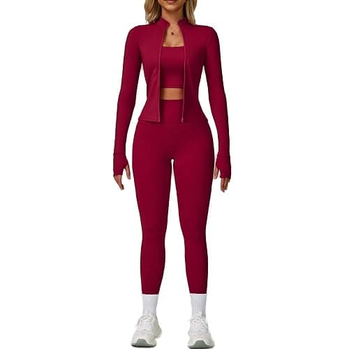 Women’s 3 Piece Workout Set – Sports Bra, Leggings & Jacket with Thumbholes – Yoga Outfit Activewear for Gym Running Training - Image 1