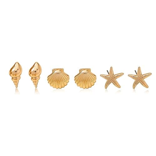 Gold Starfish Shell Earrings for Women Set 3 Pairs Summer Beach Vacation Earrings for Women Ocean Jewelry - Image 1