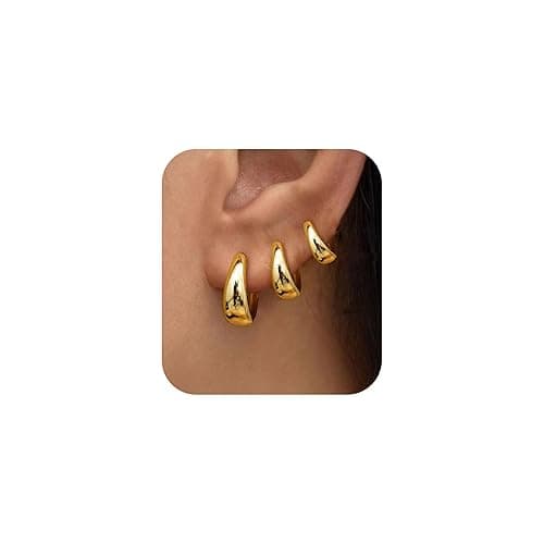 3Pairs Gold Hoop Earrings Set for Women Trendy Chunky Huggie Dainty Earrings Jewelry for Women Teens