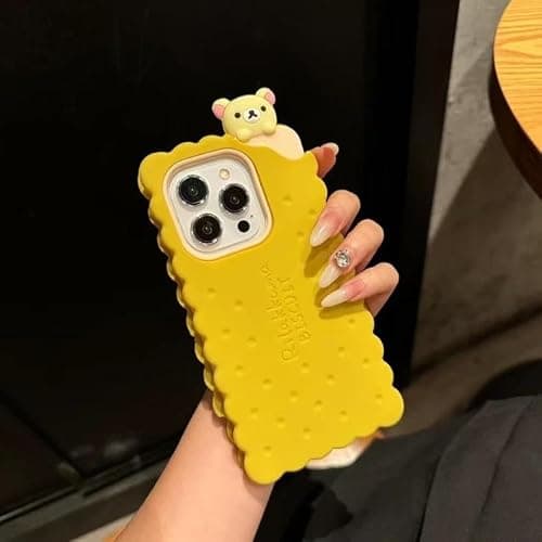 Soft Silicone Case for Apple 3D Cartoon Biscuit Sugar Sandwich Cookie Soda Cracker Snack Food Japanese Teddy Bear Animal Cute Lovely Adorable Kawaii Kids Girls (Yellow, for iPhone 14) thumbnail 5