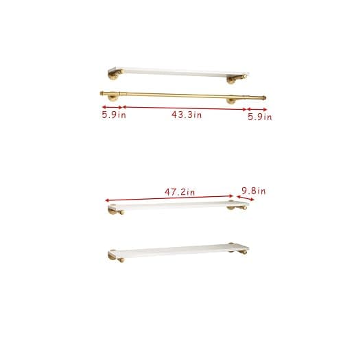 HOMEKAYT Industrial Pipe Clothing Rack Wall Mounted Garment Rack with 3-Tier Wooden Shelf Vintage Hanging Rack for Bedroom, Living Room - Gold thumbnail 2