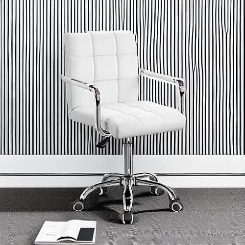 Furmax Mid-Back Office Task Chair Ribbed PU Leather Executive Chair Modern Adjustable Home Desk Retro Comfortable Work Chair 360 Degree Swivel with Arms (White) thumbnail 6
