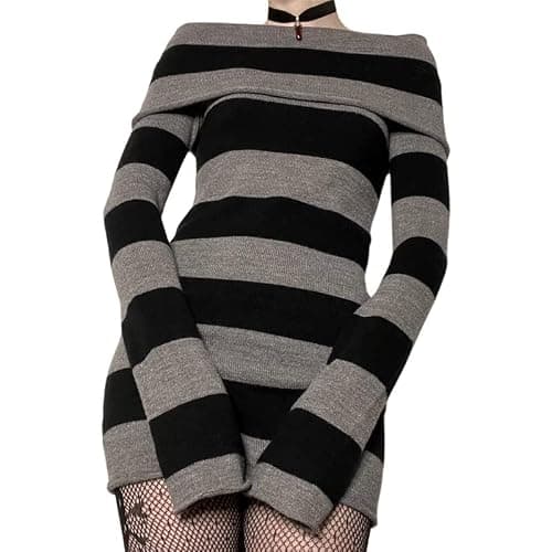 SOLILOQUY Women Gothic Dress Punk Off Shoulder Striped Knit Dress Y2k Fairy Grunge Dress Halloween Dark Academia Clothes thumbnail 4