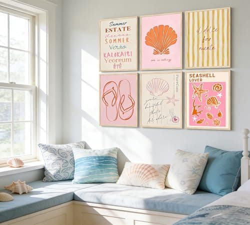 6 Pcs Coastal Style Poster Wall Art,Pink Orange Preppy Style Painting Picture Wall Decor,Beach Seashell and Starfish Canvas Print Artwork,for Bathroom Girl Room Dormitory Home Decoration Unframed thumbnail 6