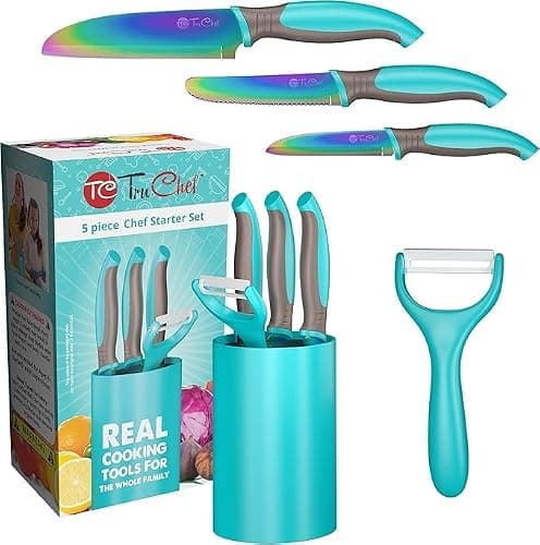 TruChef 5-Piece Kids Cooking Chef Knife Set | Real Stainless Steel Knives with Peeler, Serrated Knife & Holder | Kids Safe Rounded Tips, Easy-Grip Handles | Kitchen Knife Set (5 pcs, Aqua) thumbnail 8