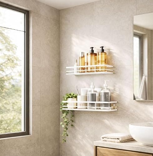 saffruff Shower Shelf No Drilling Pack of 2 Shower Shelves Shower Basket Bathroom Organiser Bathroom Shelf Shampoo Holder Shower Kitchen Bathroom Organiser with 2 Adhesive Surfaces thumbnail 6