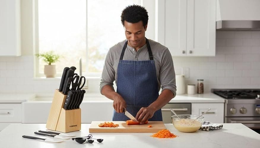 Farberware Knife Block Set 22-Piece Kitchen Knife Set with High-Carbon Stainless Steel Blades, Non-Slip Handles, Chef Knife, Santoku, Steak Knives, Scissors, Sharpening Steel, and Storage Block thumbnail 2