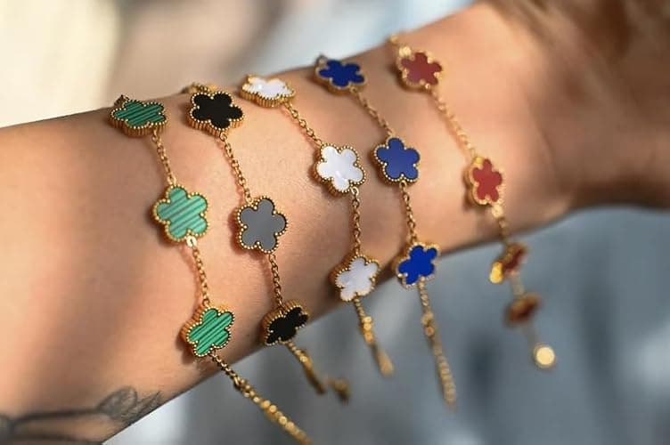 RWQIAN Gold Plated Five Leaf Lucky Clover Bracelets for Women,White/Black/Red/Green/Blue/Pink Clover Link Flower Charm Bracelets,Adjustable Clover Bracelet Chain Jewelry Gifts Trendy for Birthday thumbnail 3