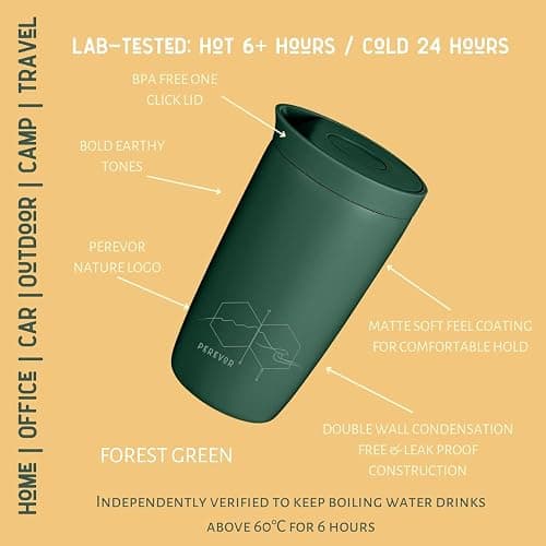 Perevor 360ml Coffee Flask, Reusable Tumbler for Travel | Thermal Cup for Camping, Office Mug or Commute | Perfect Small Cold Water Bottle | Preppy Cute Smoothie Cup | Forest Green thumbnail 8