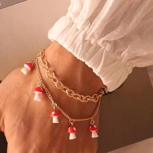 Rrdaily Double Layer Mushroom Bracelet Anklet， Cute Red Mushroom Bracelet Combination Bracelet Anklet Jewelry for Women thumbnail 2