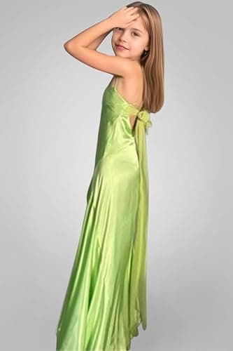 Topsta Junior Bridesmaid Dresses for Teen Girls Satin Flower Girl Dress Spaghetti Strap Girls Formal Dress with Slit thumbnail 3
