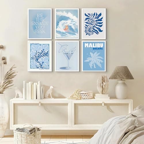 QIYFFBN 6Pcs Blue Coastal Surf Cowgirl Wall Art Vintage Flower Market Canvas Prints Girly Dorm Trendy Preppy Aesthetic Posters Light Blue Cocktail Glass Pictures Wall Decor Unframed (12x16in x6Pcs) - blue - 12x16in Unframed thumbnail 4