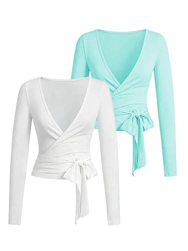 BJhaz Women's Pilates Wrap Tops V Neck Long Sleeve Yoga Workout Shirt | 2 Pack Set, Cross Front&Back Tie, Dance Outfits, Cover up Top, Bolero Shrug Cardigan - Image 1