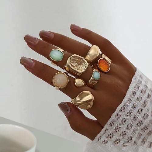 Todenb Chunky Gold Rings for Women，Open Stackable Tiger's Eye Stone Statement Rings Set Silver Vintage Knuckle Ring Fashion Chunky Jewelry Accessories thumbnail 2