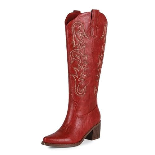 ZJA Women Western Cowboy Boots Knee High Cowgirl Tall Boots with Block Chunky Heel for Casual Rodeo Embroidered Pull On Pointed Toe Morning Glory Boots - Image 1