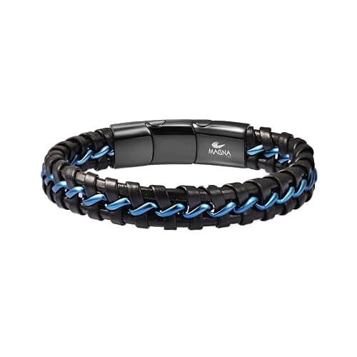 Magna Steel Men's Braided Genuine Leather Wristband Cuff Bracelet - Image 1