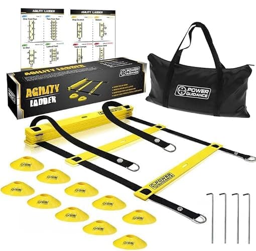 POWER GUIDANCE Agility Ladder (20 Feet) for Speed & Agility Trainning - with 12 Heavy Duty Plastic Rungs, Ground Stakes, Carry Bag & 10 Sports Cones - Image 1