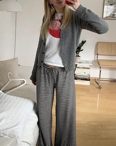 codcm Womens Comfy Pajama Pants Striped Low Waisted Lounge Pants Elastic Waist Drawstring Long Trousers thumbnail 5