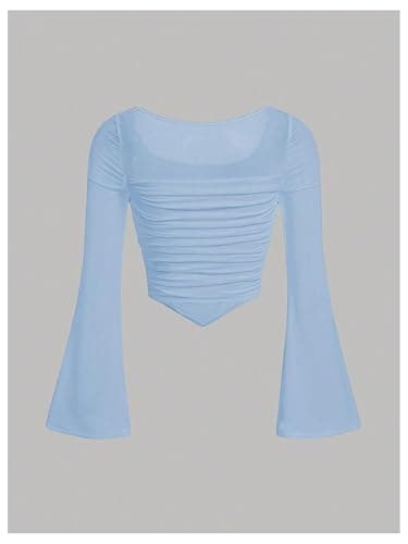 Floerns Girls Bell Long Sleeve Square Neck Asymmetrical Hem Mesh Ruched Crop Tops Tees thumbnail 2