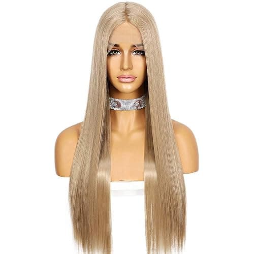 Sapphirewigs Ash Blond Lange gerade Perücke für Frauen Spitze vorne Perücken mit mittelTeil japanische synthetische Haare 150% Dichte Täglich Halloween Weihnachten hitzebeständig 26 inch thumbnail 2