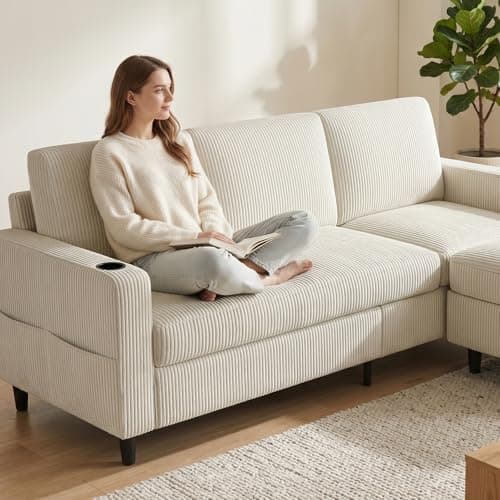 POYISOU Convertible Sectional Couches for Living Room, 3 Seats L Shaped Sofa with Storage Ottoman & 2 Cup Holders, Modern Corduroy Couch Small Sofas for Small Space, Apartment, Office, Beige thumbnail 9