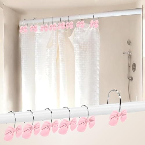 12 Pink Bow Resin Shower Curtain Hooks - Cute Bathroom Decor for Girls, Princesses and Glam Style thumbnail 2