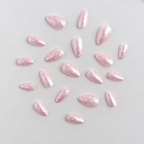 HPYFOI Polka Dot Press on Nails - Short Almond, Soft Pink | Light Pink with White Dots, Cute & Reusable, All Season, Daily Wear thumbnail 3