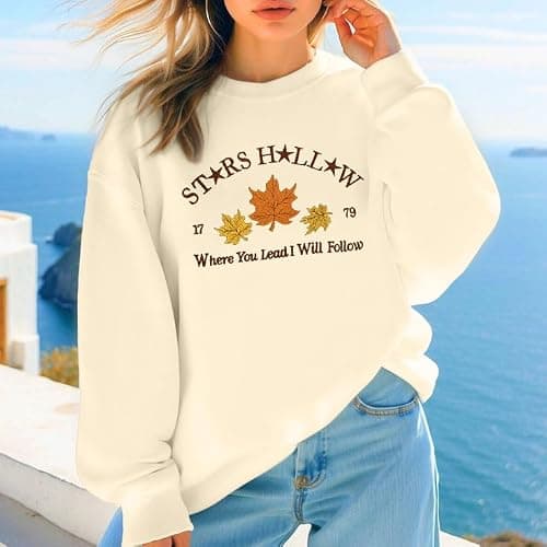 MYHALF Crewneck Sweatshirt for Women Fall Leaf Graphic Sweatshirts Vacation Long Sleeve Drop Shoulder Pullover thumbnail 2