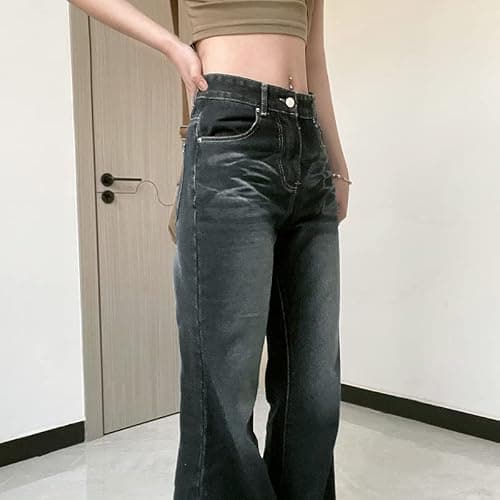 HOXIJIA Women Low Rised Wide Leg Denim Pants Y2k Solid Baggy Flared Hem Jeans Stretch Bell Bottom Trousers thumbnail 4