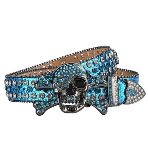 DINGYANGER Men Women Rhinestone Skull Studded Belts,Punk Skull Belt Bling Stylish Studded Leather Belt-1 5/9" - Image 1