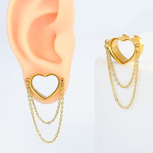 Earblity 2PCS Women Dangle Earrings 6mm-25mm,(2G-1inch) Heart Double Chain Earrings Ear Tunnels hangers for stretched,Hypoallergenic Body Piercing Jewelry thumbnail 6