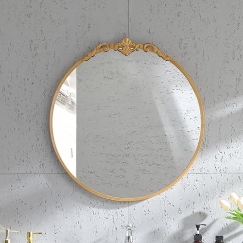 LOVNAHO Vintage Round Wall Mirror, 19 Inch Gold Frame, Baroque Arched Decorative Vanity Mirror for Bathroom, Bedroom, Hallway (Antique Gold, 19x18) thumbnail 8
