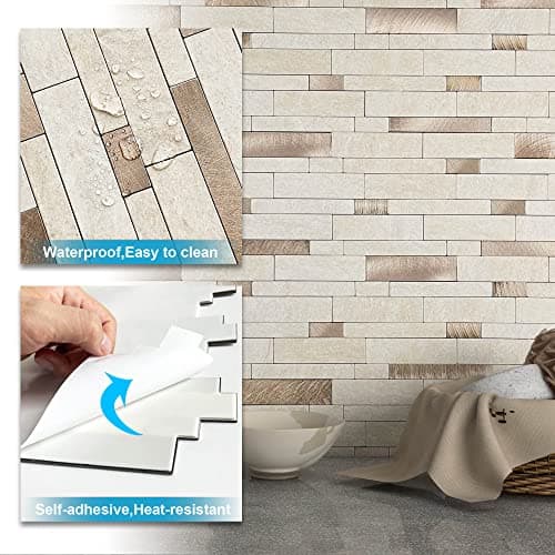 BeNice Backsplash Peel and Stick Wall Tiles for Kitchen,Subway Self Adhesive Linear Mosaic Stickers Bathroom Waterproof(10 Sheets,Rustic Beige Brown) thumbnail 5