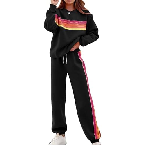 Women 2 Piece Lounge Set Rainbow Striped Sweatshirt High Waist Sweatpants Color Blocked Suit Matching Sweatsuit - Image 1