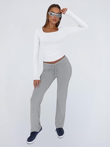 Trendy Queen Womens Long Sleeve Shirts Crop Tops Fall Fashion 2025 Square Neck Going Out Basics Tees Y2k Clothes thumbnail 5