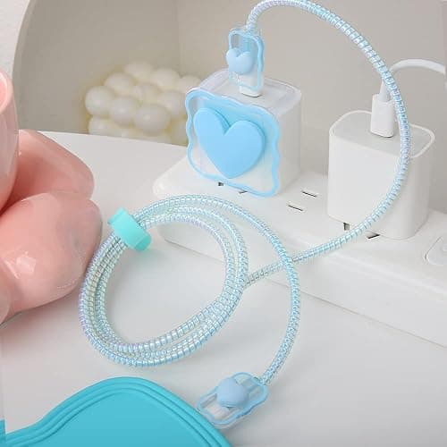 QLD COVER Compatible with iPhone 18W/20W USB-C Charger Cover Lovely 3D Love Heart Waves Clear Soft Charger Protector Cute Cable Saver for iPhone 11 12 13 14 Pro Max Fast Power Adapter, Blue 1 (5in1) thumbnail 3