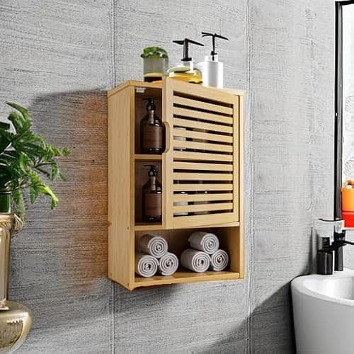 HITNET Bathroom Wall Cabinet, Medicine Cabinet Over The Toilet, Bamboo Hanging Storage Organizer with Single Door and Open Bottom Shelf, for Kitchen Living Room, Natural thumbnail 5