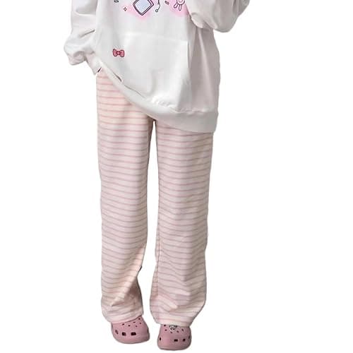 Y2K Women Kawaii Sweet Striped Pants Cute Harajuku Fleece Sports Sweatpants Casual Basic Cartoon Japanese Trousers - Image 1