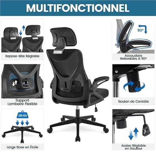 Yaheetech Chaise de Bureau en Maille avec à Haut Dossier avec Accoudoirs Relevables Appui-tête Support Lombaire Assise Réglable en Hauteur Charge Max 136kg Noir thumbnail 4