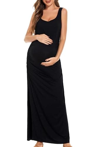 Smallshow Women's Split Long Maternity Dress | Sleeveless, Ruched, Pregnancy Clothes thumbnail 2